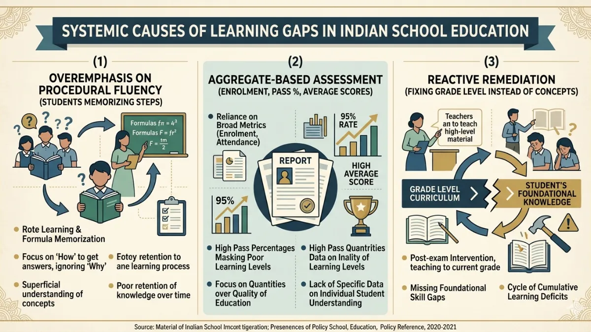 Infographic explaining causes of learning gaps in Indian schools: focus on procedural learning, reliance on aggregate assessments, and reactive remediation instead of conceptual understanding
